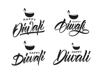 Set of Handwritten lettering type composition of Happy Diwali with lamp. Vector illustration.