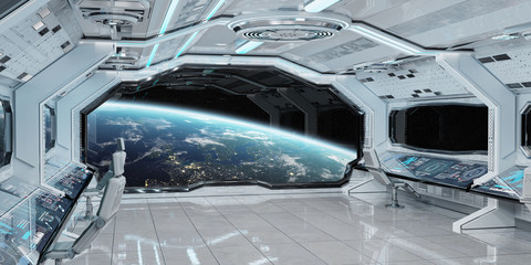 Fototapeta premium Biały czysty statek kosmiczny wnętrze z widokiem na planety ziemi 3D renderingu