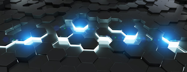 Black and blue hexagons background pattern 3D rendering