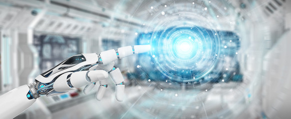 White humanoid hand using digital global network 3D rendering