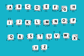 White letters of alphabet on keyboard laptop computer with legs and arms like funny little men on blue background. Characters english letter on buttons notebook keyboard.