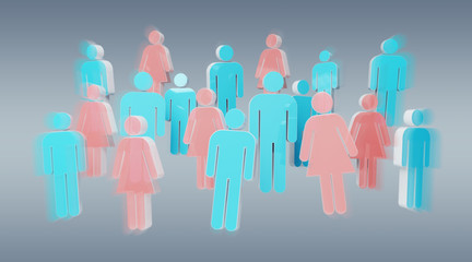 3D rendering group of people with blue man and pink woman