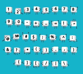 White numbers, math symbols, calculator, punctuation on keyboard computer with legs and arms like funny little men on blue background.