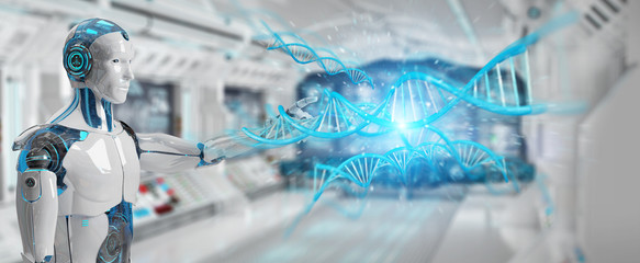 White male cyborg scanning human DNA 3D rendering