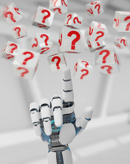 White robot hand using digital question marks 3D rendering