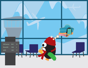 Cute Penguin with Red beanie and scarf in airport traveling to warm place