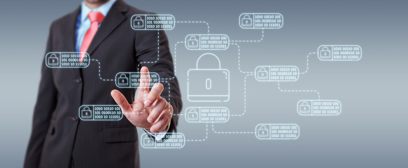 Businessman protecting his datas with thin line security interface