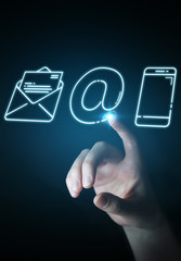 Businesswoman using thin line contact icon