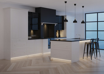 Modern kitchen interior. Modern classic. Evening lighting.  3D rendering.