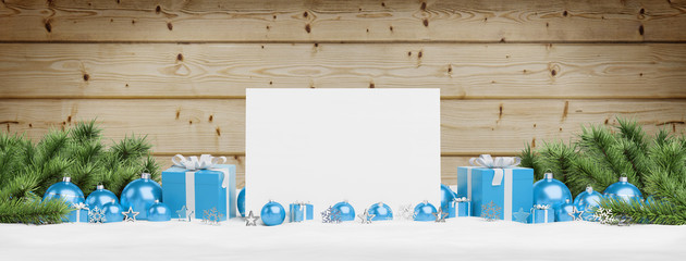 Blank Christmas card laying on blue baubles and gift 3D rendering