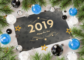 2019 greetings card with blue baubles 3D rendering