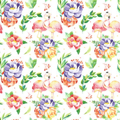 Watercolor flowers seamless pattern. Handpainted  watercolor pattern with flowers and branches, leaves. Perfect for you postcard design, wallpaper, print, invitations, packaging etc. - 228455761