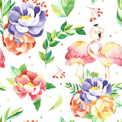 Watercolor flowers seamless pattern. Handpainted  watercolor pattern with flowers and branches, leaves. Perfect for you postcard design, wallpaper, print, invitations, packaging etc. - 228455775