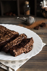 Chocolate pound cake with chocolate icing and chocolate chips