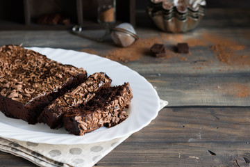 Chocolate pound cake with chocolate icing and chocolate chips
