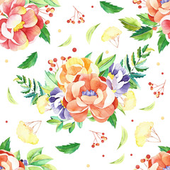 Watercolor flowers seamless pattern. Handpainted  watercolor pattern with flowers and branches, leaves. Perfect for you postcard design, wallpaper, print, invitations, packaging etc. - 228456178