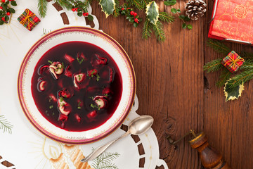 Traditional, Polish Christmas red borsch with dumplings.