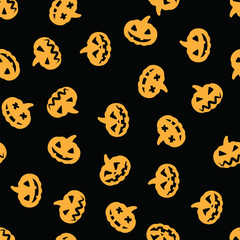 Orange halloween pumpkin pattern on black background. Orange pumpkin face for happy halloween party, seamless pattern.
