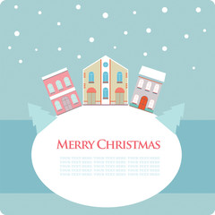 Christmas, New Year greeting card with street view with lovely houses in small town.Winter season, snowing,theme..Banner,postcard,sticker,poster design template.Vector illustration