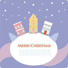 Christmas, New Year greeting card with street view with lovely houses in small town.Winter season, snowing,theme..Banner,postcard,sticker,poster design template.Vector illustration