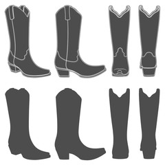 Set of black and white illustrations with cowboy boots. Isolated vector objects on white background.