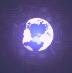 Glowing earth globe on dark background with microscheme