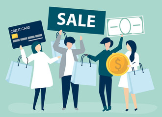 Characters of people holding shopping icons illustration