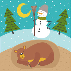 sleeping bear in lair season outside is winter - vector illustration, eps