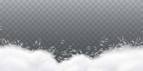 Foam effect isolated on transparent background. Soap, gel or shampoo bubbles overlay suds texture. Vector white soapy pattern. - obrazy, fototapety, plakaty