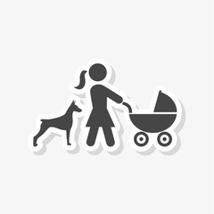 Mother with baby carriage walking with dog sticker