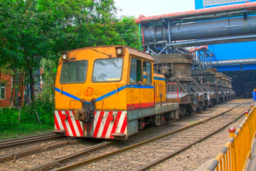 Transport molten iron crucible vehicle in the steel mills, closeup of photo