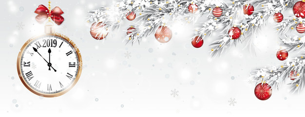 Clock 2019 Frozen Twigs Sun Glitter Deco Red Baubles Snowfall Header