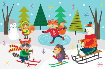 poster winter fun with animals in forest  - vector illustration, eps