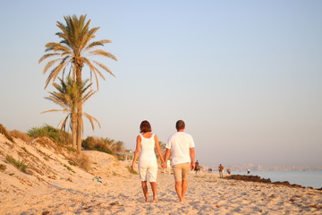 adult couple go by the hand on beach