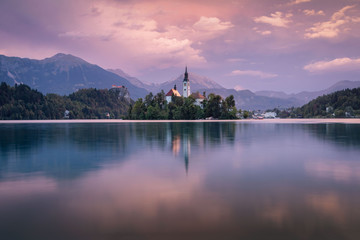 Fototapeta premium Magical autumn landscape with the island on Lake Bled (Blejsko jezero). Julian Alps, Slovenia, Europe. Attractions.