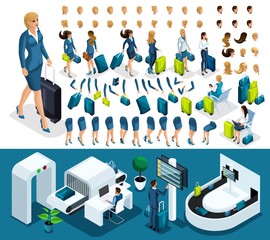 Fototapeta premium Isometric set 6 create your character, business lady at the airport. Set of gestures of hands, feet, emotions of the character, a set of different hairstyles