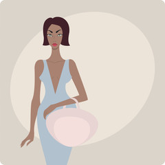 Young stylish African American beautiful woman wearing luxury dress and holding designer bag. Fashion model vector illustration.
