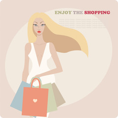 Young stylish beautiful woman wearing luxury dress and holding shopping bags. Fashion model vector illustration.Sale,perfect buys,boutique,shop.