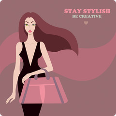 Young stylish beautiful woman wearing luxury dress and holding designer bag. Fashion model vector illustration. Stay stylish, be creative poster,banner design template.