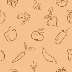 Seamless pattern with fruits and vegetables. Harvest theme. Vector background, sketch illustration with food. Autumn, fall season. Wallpaper.