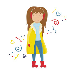 Girl in a yellow winter coat. Flat winter vector illustration with doodles.