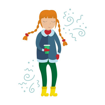 Girl in winter clothes with a cup of coffee in her hands. Flat winter vector illustration with doodles.
