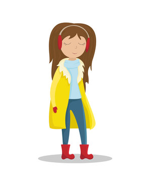 Girl in a yellow winter coat. Flat winter vector illustration.