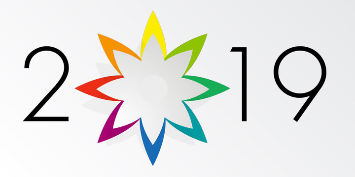 Carte de vœux 2019, design et élégante sur fond blanc, avec une étoile à 8 branches de couleurs différentes