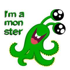 Vector t-shirt print design. Illustration with inscription and monster. Print t-shirts, background for children, stylish clothes, vintage print. Monster artwork. Hand Drawn vector illustration.