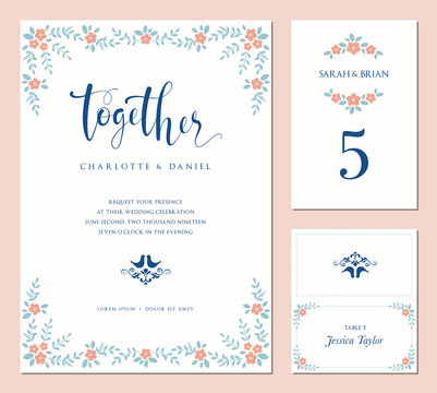 Invitation, table number and name place card design. 