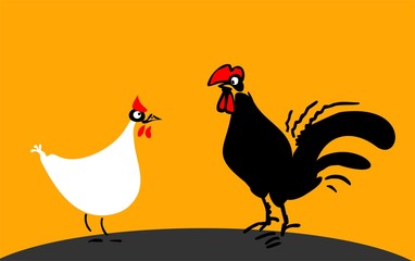 Funny hen and rooster