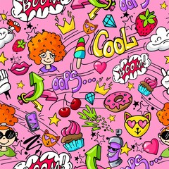 Seamless graffiti pattern. Pink background, girl, cat, lips, love.