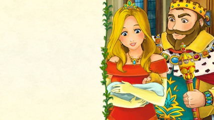 cartoon scene in the castle room - king and queen talking near their newborn child - with frame space for text - illustration for children