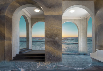 view through the window of a building to a fantasy world of a sea with setting sun.